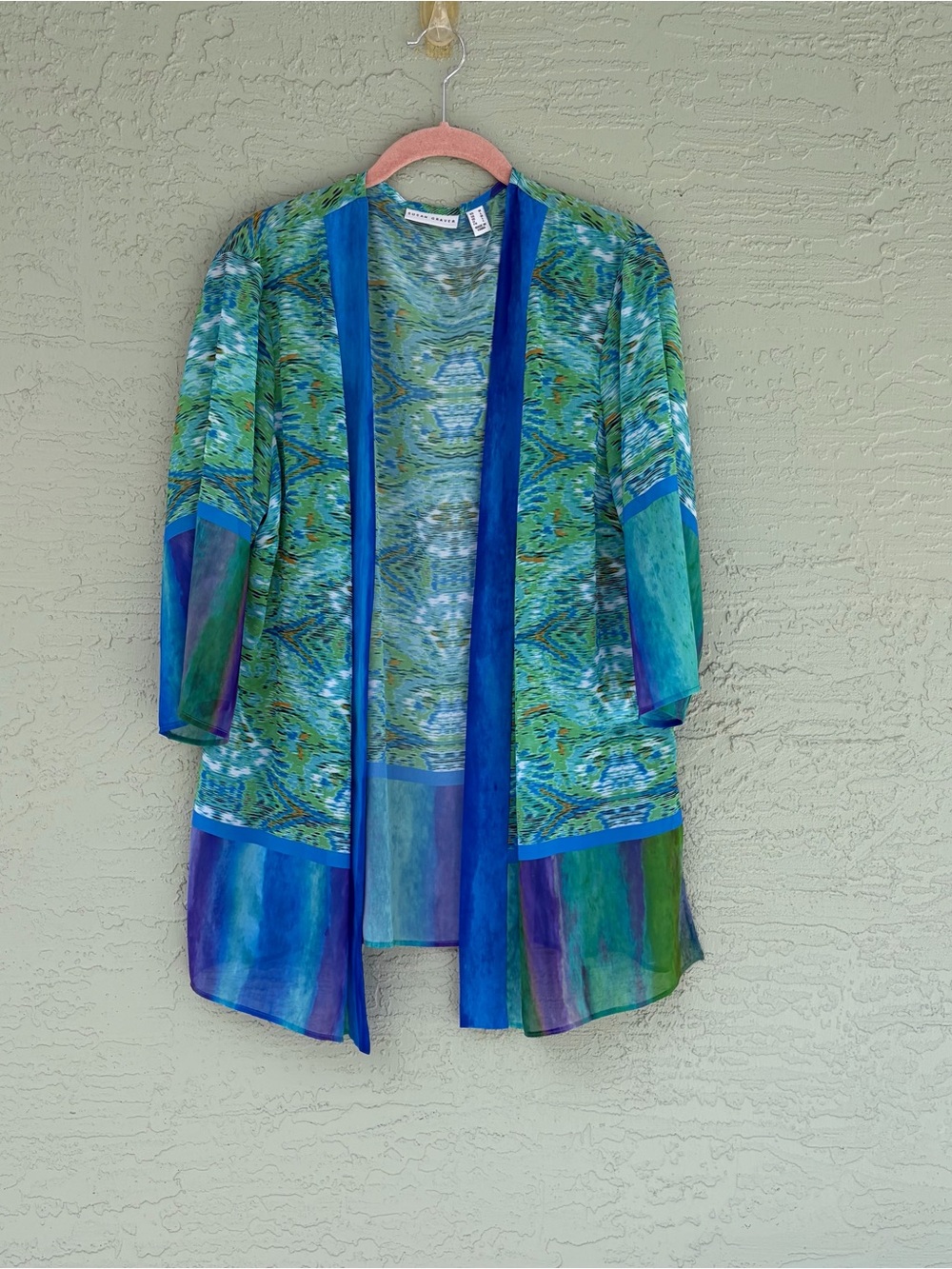Susan Graver Blue and Green Open-Front Cardigan